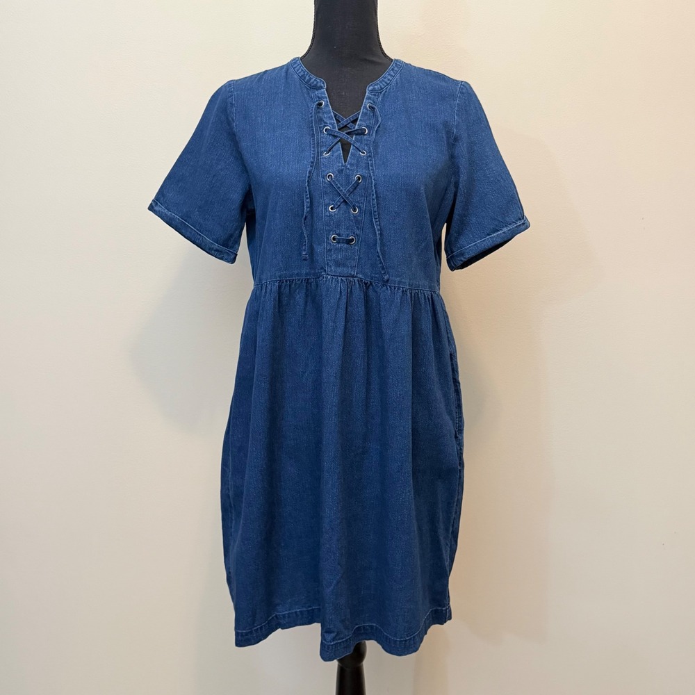 Old Navy Womens S Denim Lace Up Mini Dress Cottagecore Blue Short Sleeve Cotton